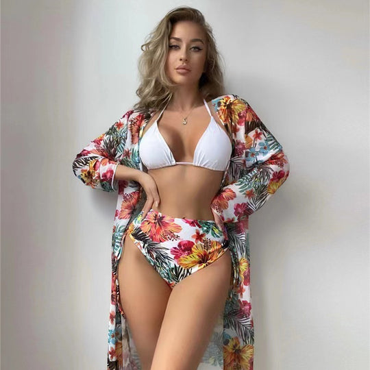 Damen Bikiniset mit hohem Bund und floralem Überwurf EB