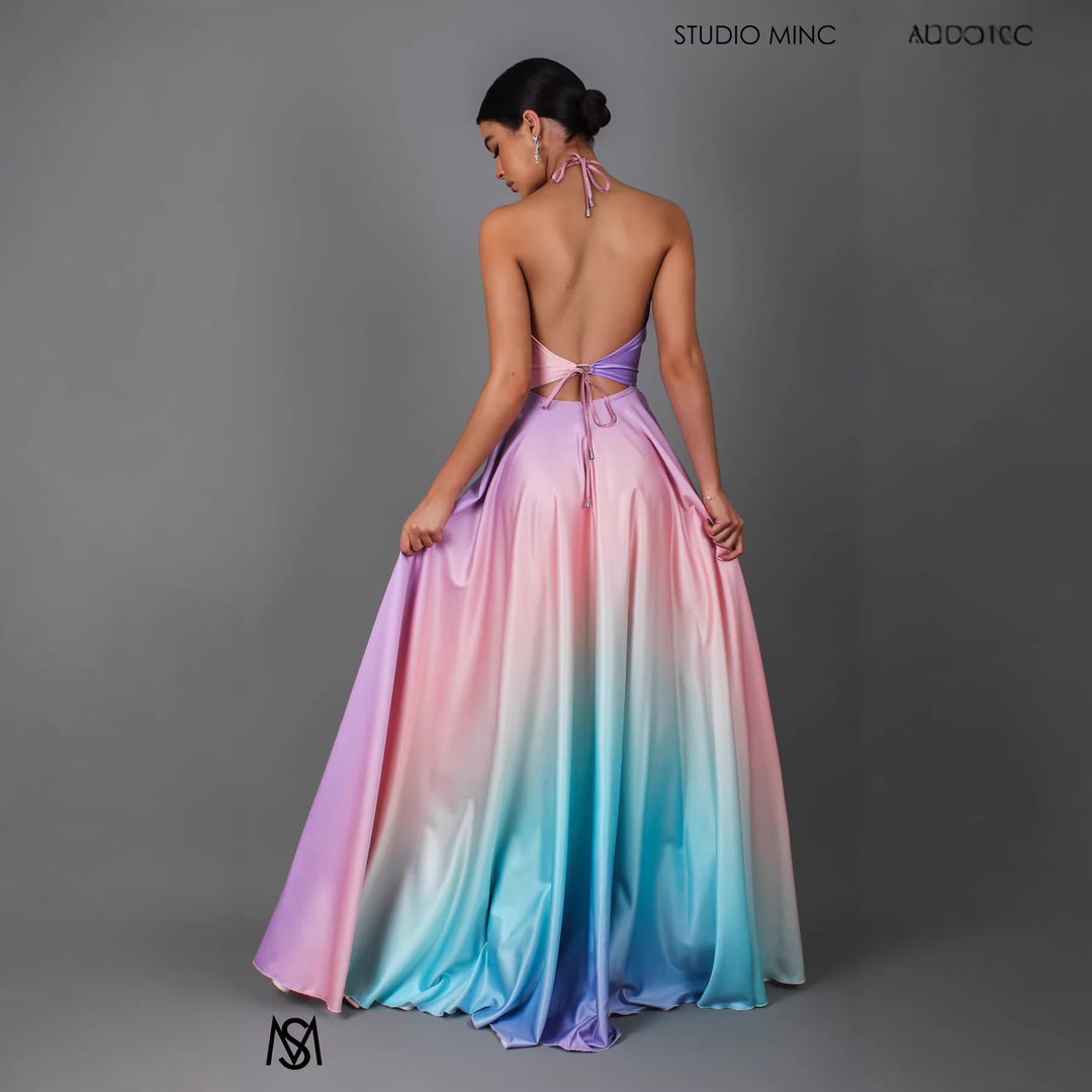 Damen Elegantes Maxikleid mit schickem Halterneck und geschmeidiger Satinoptik EB