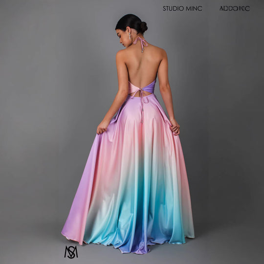 Damen Elegantes Maxikleid mit schickem Halterneck und geschmeidiger Satinoptik EB