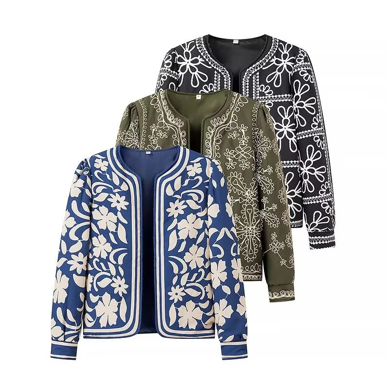 Damen gestickte Blumenjacke mit Volumenärmeln EB