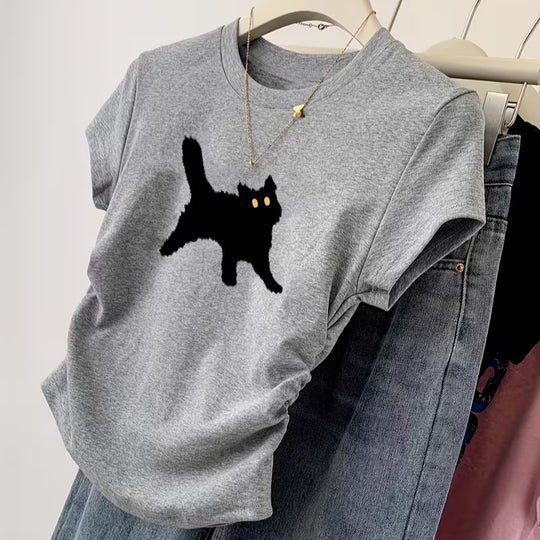 Damen T-Shirt mit kreativem Katzenmotiv und lässigem Schnitt EB