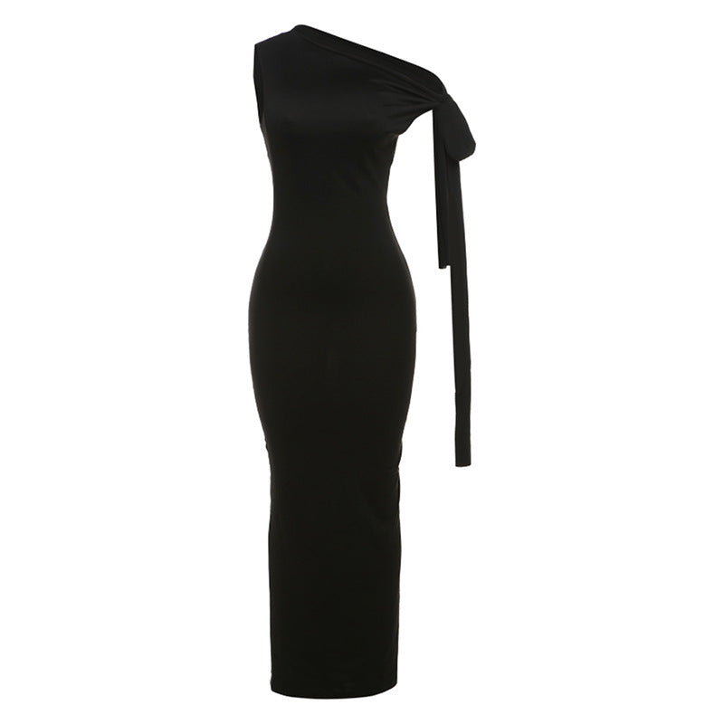 Damen Elegantes figurbetontes One-Shoulder-Maxikleid mit Schleife EB