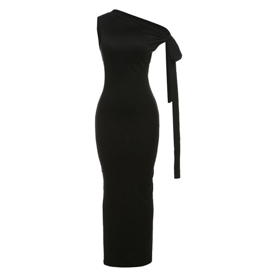 Damen Elegantes figurbetontes One-Shoulder-Maxikleid mit Schleife EB