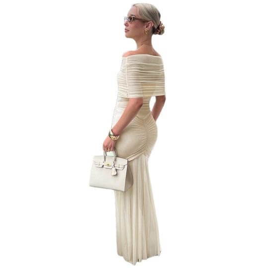 Damen nan schulterfreies Zweiteiler-Abendkleid mit gerafftem Minikleid und transparentem Bodenrock EB