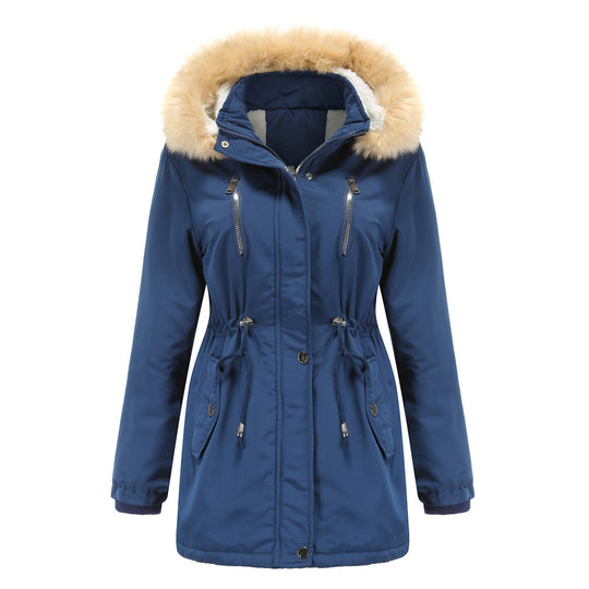 Damen modische Outdoor-Jacke mit abnehmbarem Kunstfellkragen und elastischem Taillenzug EB