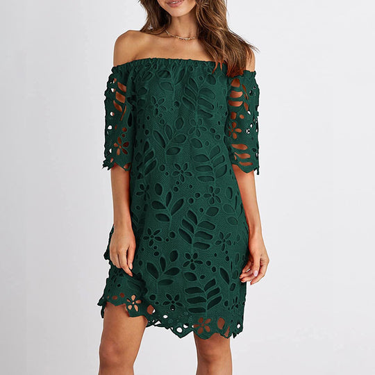Damen Off-Shoulder Kleid mit floralen Cut-Outs und luftigen Ärmeln EB