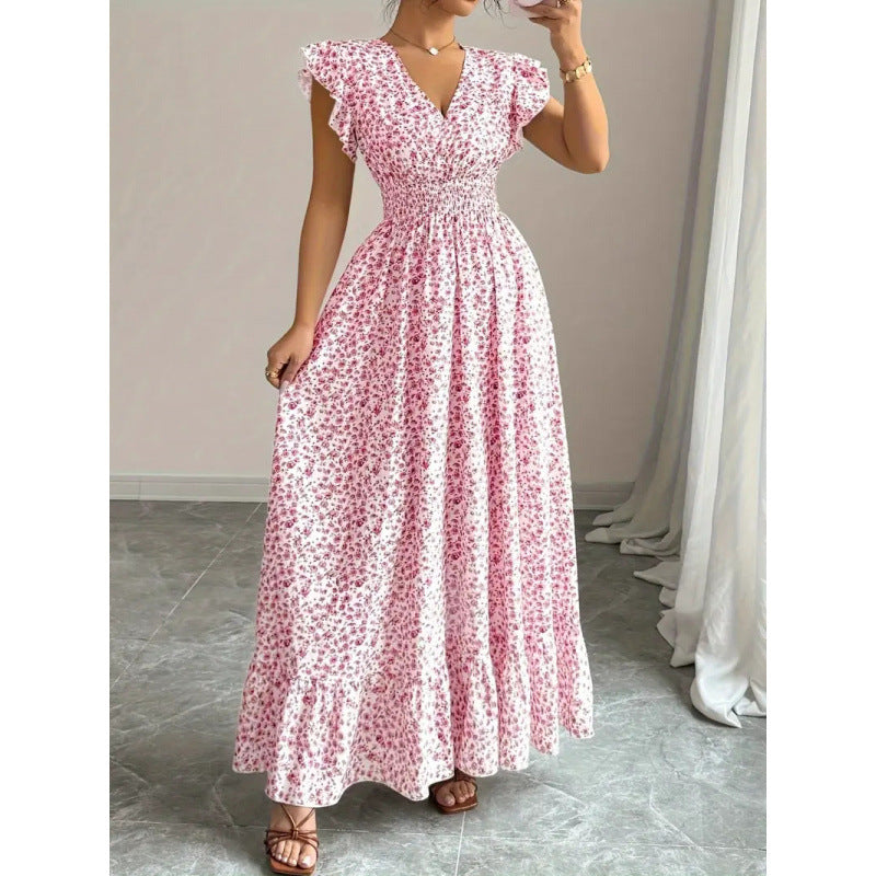 Damen Maxikleid mit floralem Rüschendesign und elastischem Taillenteil EB