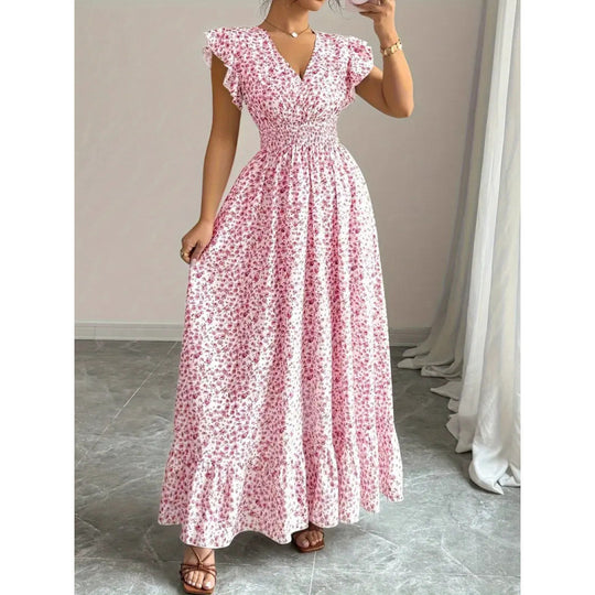Damen Maxikleid mit floralem Rüschendesign und elastischem Taillenteil EB