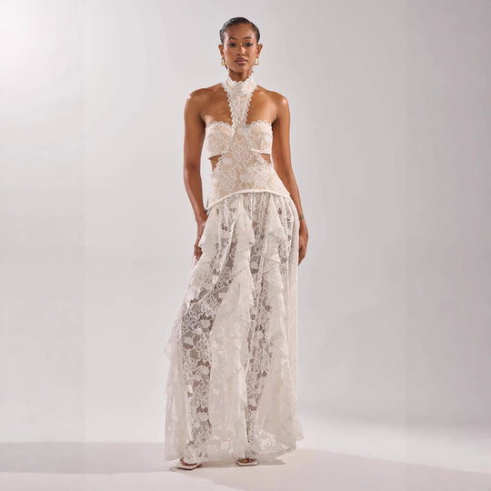 Damen elegante Spitzentraumkleid mit hochgeschlossenem Kragen und fließendem Rock EB