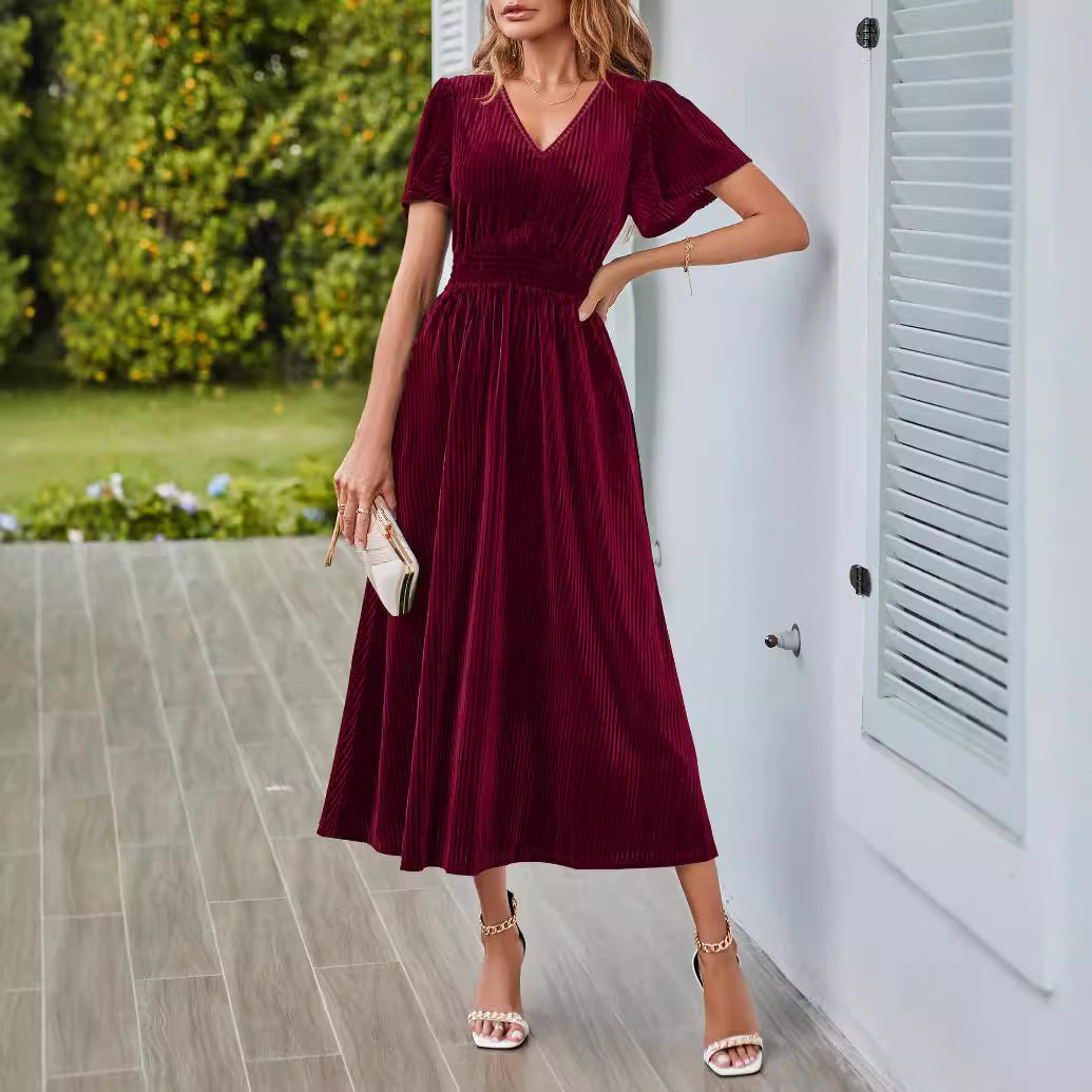 Damen Midikleid mit V-Ausschnitt und voluminösen Ärmeln EB