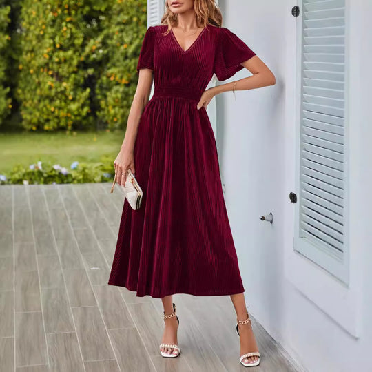 Damen Midikleid mit V-Ausschnitt und voluminösen Ärmeln EB