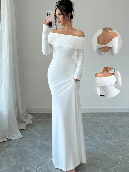 Damen Elegantes und figurbetontes Off-Shoulder Maxikleid mit langen Ärmeln EB