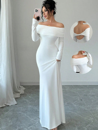 Damen Elegantes und figurbetontes Off-Shoulder Maxikleid mit langen Ärmeln EB