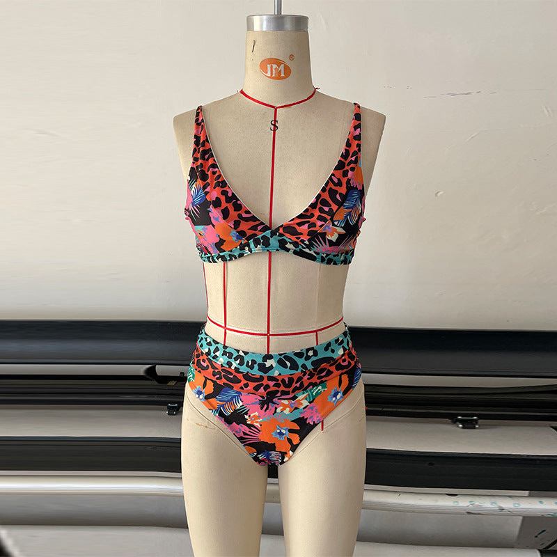 Damen Hochtailliertes Bikini-Set mit modischem Leoparden- und Blumenmuster EB