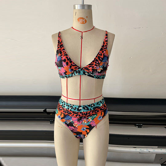 Damen Hochtailliertes Bikini-Set mit modischem Leoparden- und Blumenmuster EB