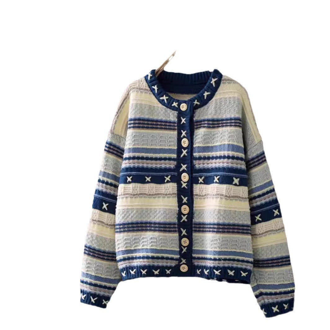 Damen Gemusterter Strickcardigan mit dekorativen Knöpfen und tiefen Taschen EB