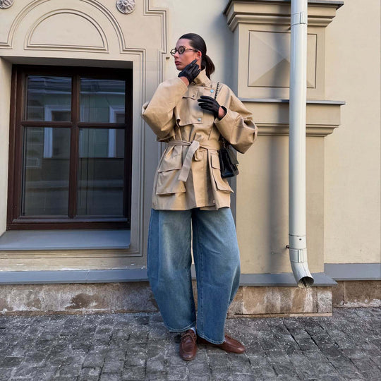 Damen Oversized Utility-Jacke mit Gürtel und großen Taschen EB