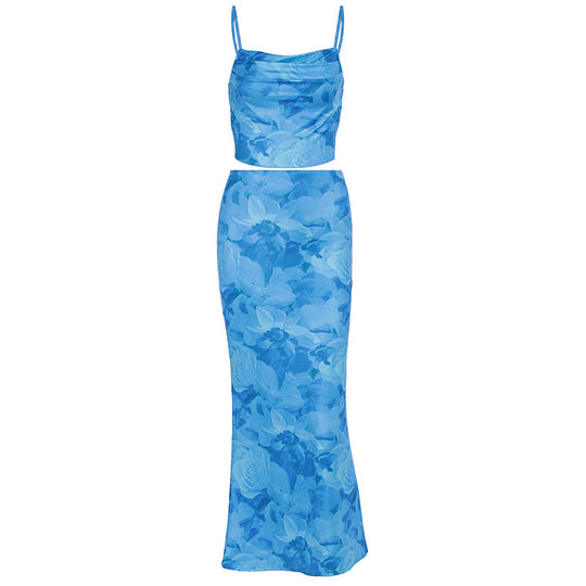 Damen elegante Kombination aus Crop-Top und Maxirock mit raffinierten Rüschen EB