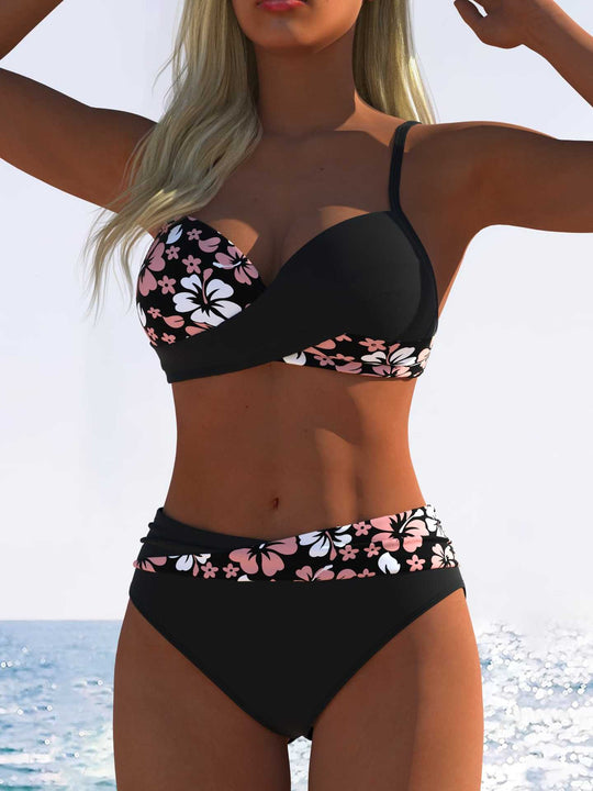 Damen Bikini-Set mit floralem Wickelmuster und bequemen High-Waist-Höschen EB