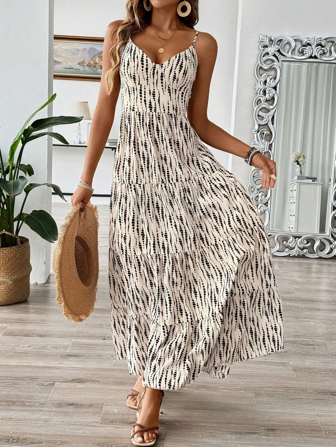 Damen Maxikleid mit elegantem V-Ausschnitt und tierischem Druck EB