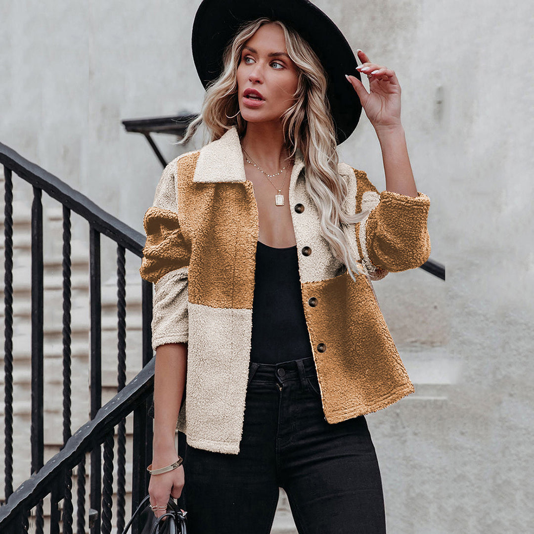 Damen trendige Teddyjacke mit modernem Patchwork-Design EB