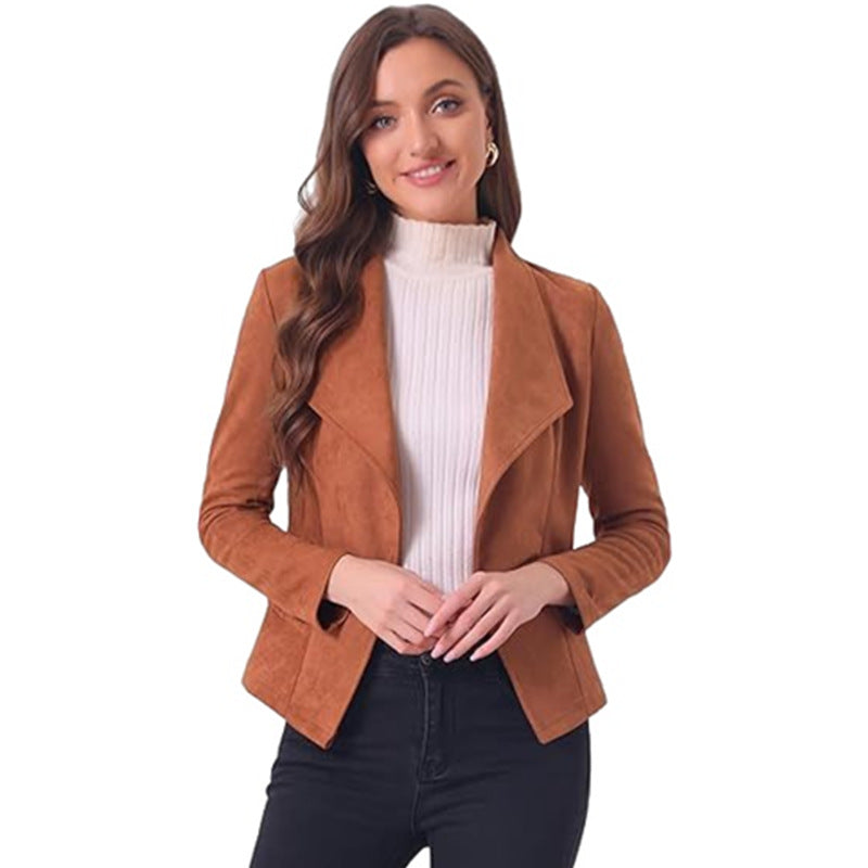 Damen modische Synthetiklederjacke mit offenem Schnitt und Taschen EB