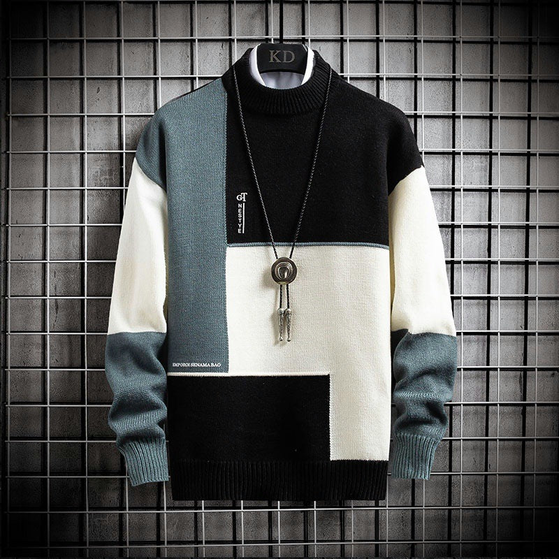Herren nan blockfarbiger Oversize-Feinstrickpullover mit Stehkragen und gerippten Bündchen EB