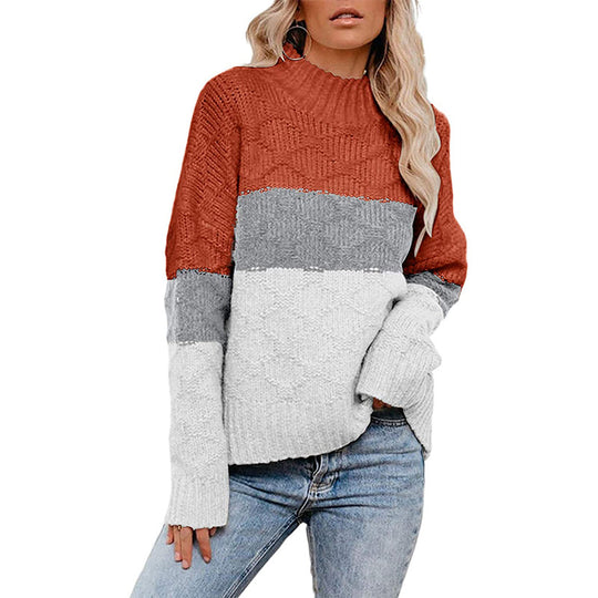 Damen farbenfroher Strickpullover mit strukturiertem Muster und hohem Kragen EB