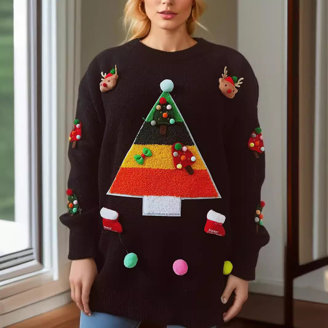 Damen Weihnachts-Pullover mit fröhlichem Weihnachtsbaum-Design und 3D-Applikationen EB