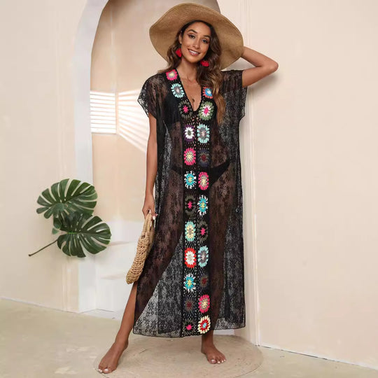 Damen Häkel-Kaftan mit fröhlichen Blumenmotiven EB