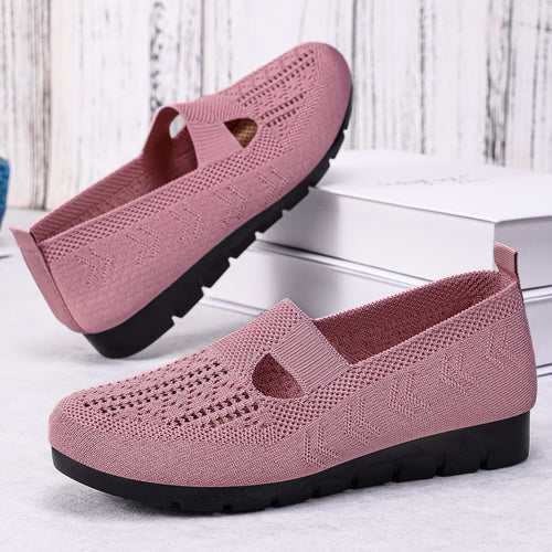 Damen nan gestrickter Slip-On Ballerina-Slipper mit elastischem Mary-Jane-Riemen und gedämpfter Keilsohle EB