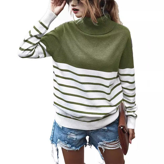 Damen Strickpullover mit einem modernen Hochkragen und breitem Streifenmuster EB