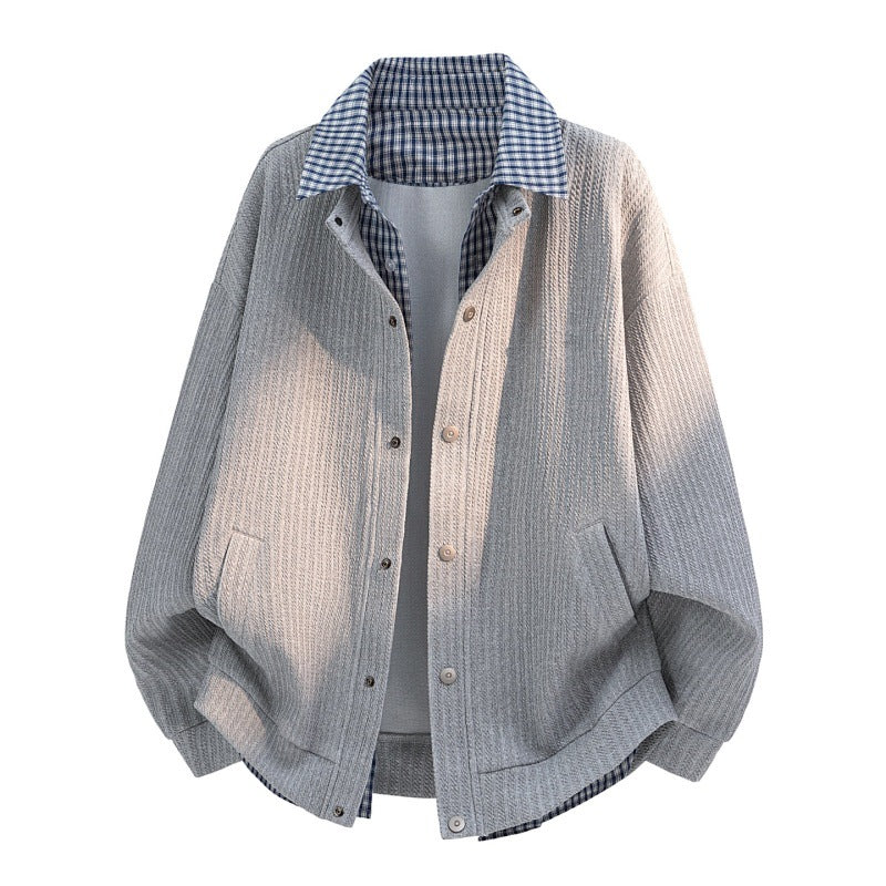 Herren lässige Strick-Überhemdjacke mit kariertem Hemdkragen und Druckknopfblende EB