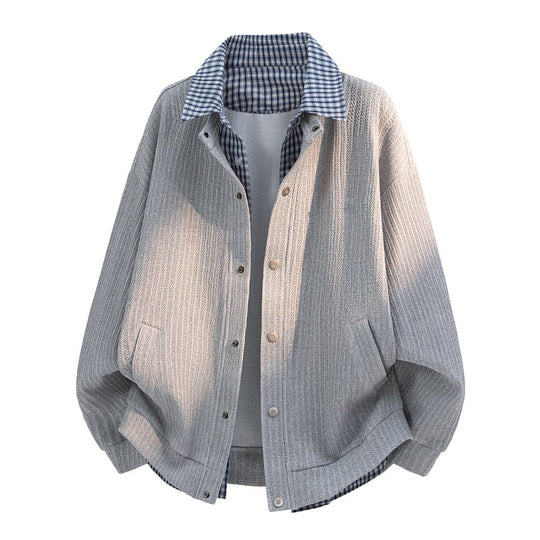 Herren lässige Strick-Überhemdjacke mit kariertem Hemdkragen und Druckknopfblende EB