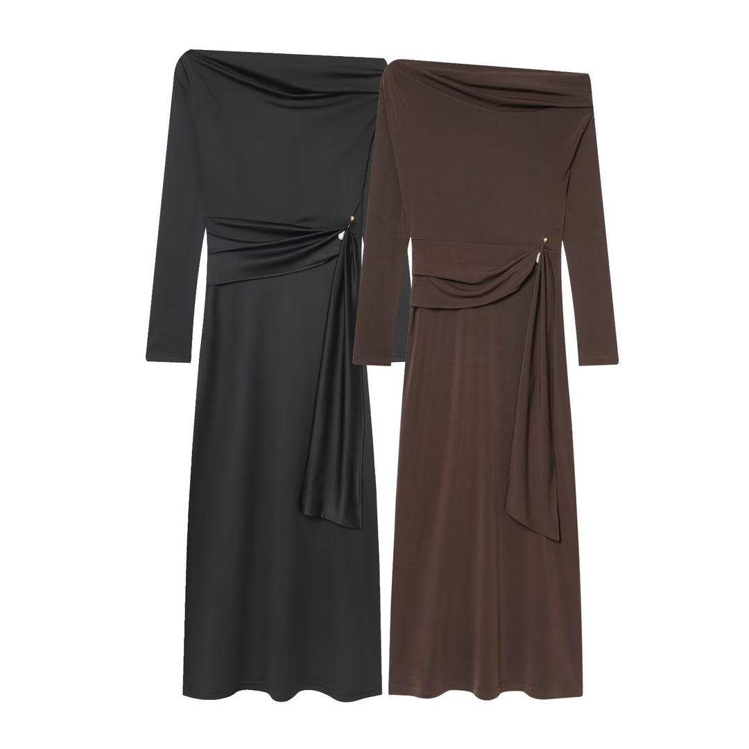 Damen elegantes Maxikleid mit asymmetrischem Ausschnitt und dekorativer Drapierung EB
