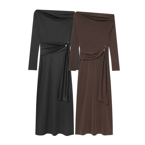 Damen elegantes Maxikleid mit asymmetrischem Ausschnitt und dekorativer Drapierung EB