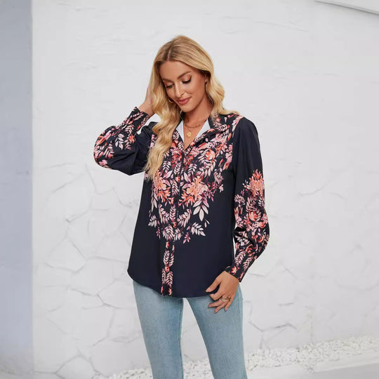 Damen Bluse mit floralen Akzenten und elegantem Knopfleisten-Design EB