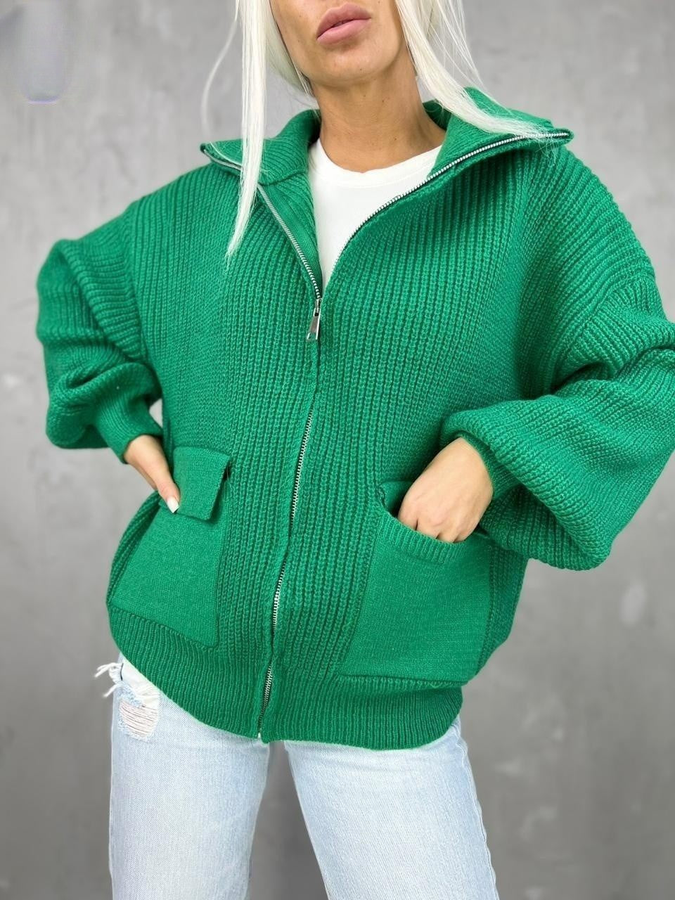 Damen Übergangsstrickjacke mit breitem Reißverschluss und praktischen Taschen EB