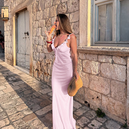 Damen Maxikleid mit Rüschendetails und Kordelzug EB