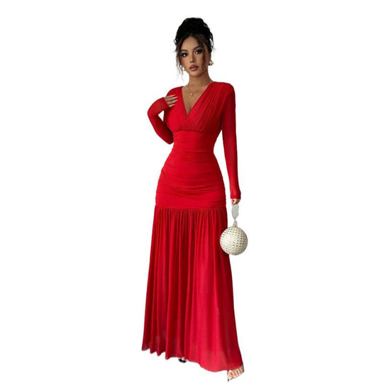 Damen Elegantes und figurbetontes Maxi-Kleid mit V-Ausschnitt und langen Ärmeln EB