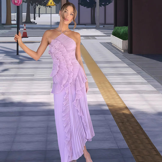 Damen Elegantes Wickelkleid mit plissierten Rüschen und asymmetrischem Saum EB