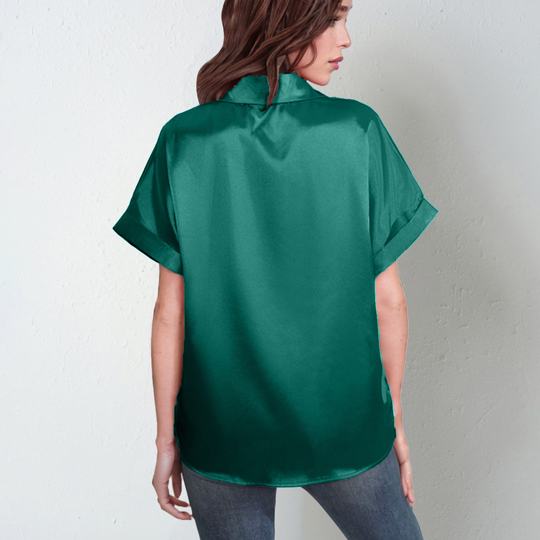 Damen Satin-Bluse mit großem Kragen und überschnittenen Schultern EB