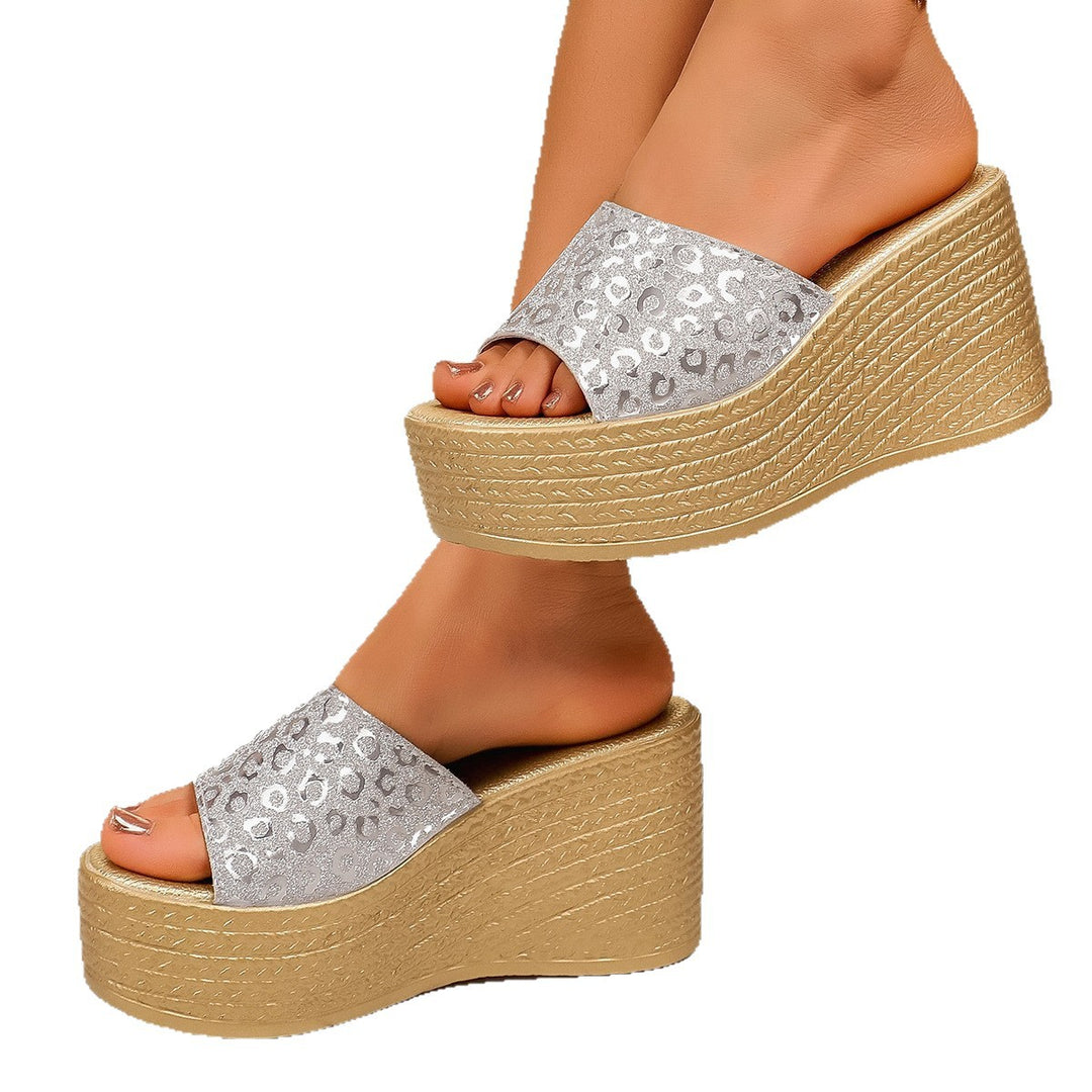 Damen Wedge-Pantoletten mit glitzerndem Leopardenmuster und komfortablem Fußbett EB