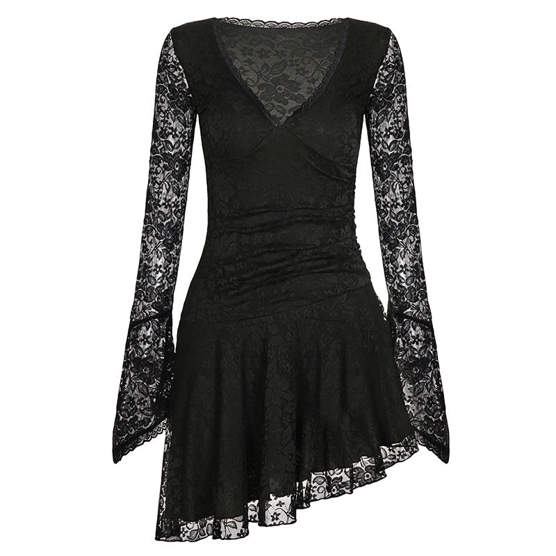 Damen Wickelkleid mit Spitzenärmel und voluminösem Rock EB