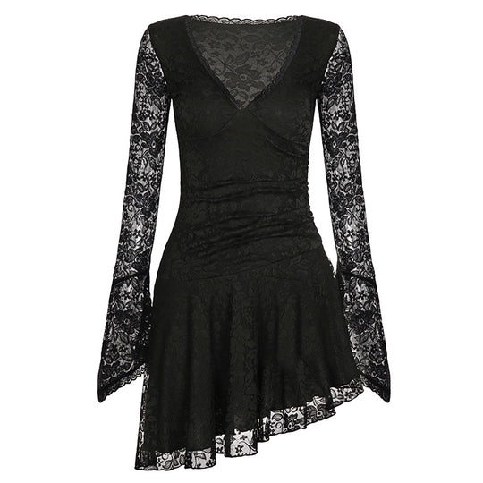 Damen Wickelkleid mit Spitzenärmel und voluminösem Rock EB