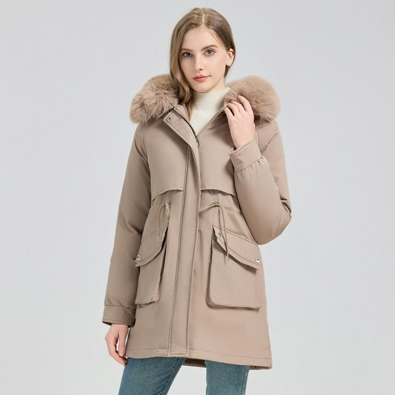 Damen Modische Pufferjacke mit abnehmbarem Kunstpelzkragen und funktionalen Taschen EB