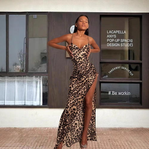 Damen Figurbetontes Animal-Print Maxikleid mit hohem Schlitz EB