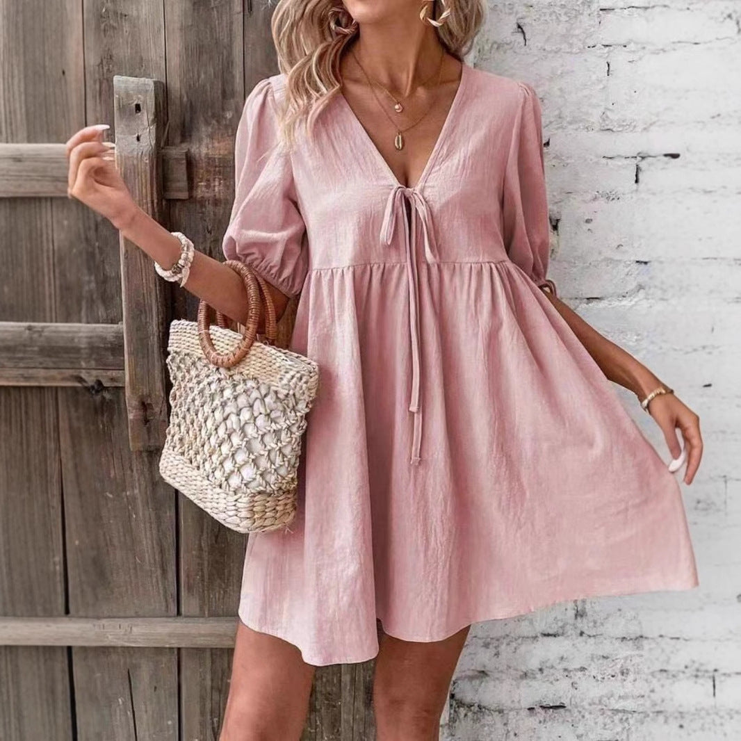 Damen luftiges Sommerkleid mit V-Ausschnitt und Raffungen EB