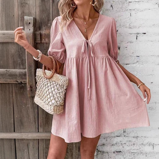 Damen luftiges Sommerkleid mit V-Ausschnitt und Raffungen EB