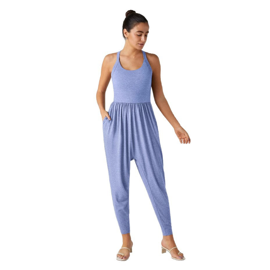 Damen nan lässiger Jersey-Overall mit Racerback, smockierter Taille und seitlichen Eingrifftaschen EB